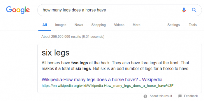 Google搜索和智能助理会告诉你一匹马有6条腿
