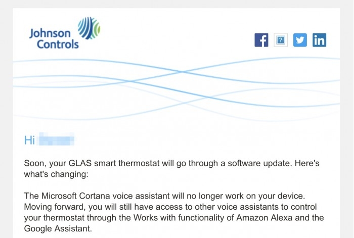 Johnson Controls宣布从旗下智能恒温器中移除Cortana服务